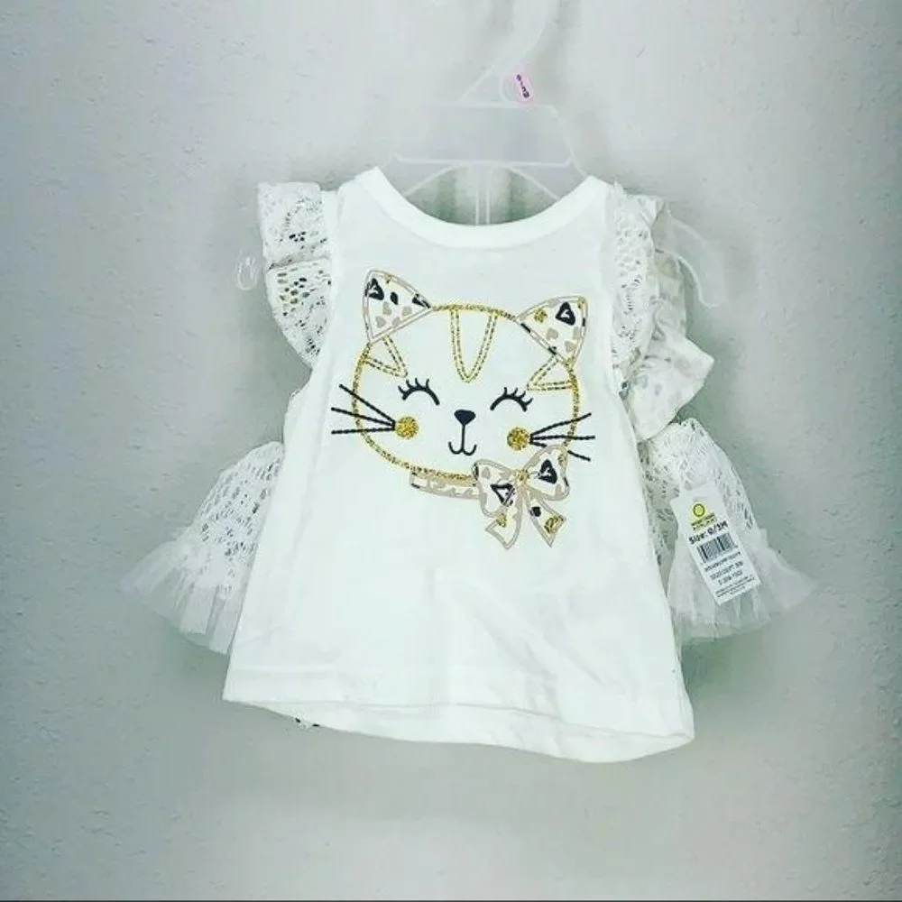 DDG Darling 0-3 Months Cat Ruffled white animal‎ print Two Piece Set